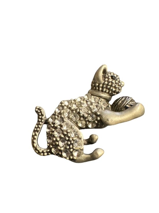 Jewelry - Vintage Gold-Tone Cat Brooch With Rhinestones & Black Accent Eyes